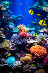 Fototapeta na wymiar Undersea Ecosystem: An Exquisite Display of Aquatic Life in a Vibrantly-Curated Fish Tank