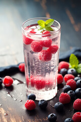 Sparkling water with raspberries and blueberries and fresh mint, detox water