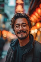 Fototapeta premium A man with glasses and a beard smiles in a city. Generative AI.