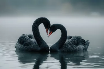 Gordijnen Two black swans making a heart shape in the water. Generative AI. © Natalia