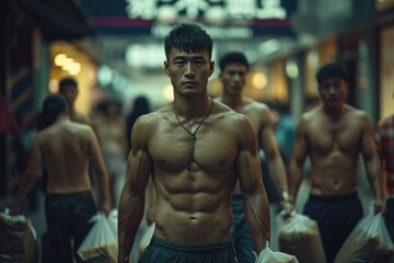 A shirtless man walking down a street with other men. Generative AI. - obrazy, fototapety, plakaty