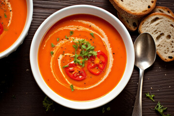 Roasted red pepper soup garnished with fresh herbs overhead shot