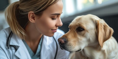A woman in a doctor's coat is petting a dog. Generative AI.