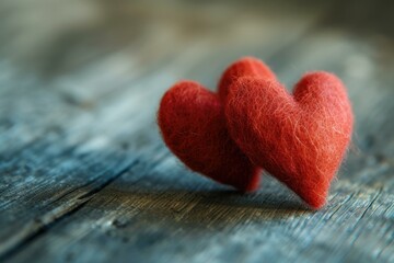 Fototapeta premium Two red felt hearts on a wooden table. Generative AI.