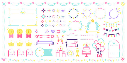 Fototapeta premium キラキラ飾りセット _( 編集可能 スウォッチカラー 装飾品 明るい フレーム 星 輝き コピースペース 余白 空白 )