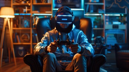 A guy sits in a chair in the living room in a futuristic virtual reality helmet with a joystick in his hands, playing realistic simulation games. Gamer leisure. Evening lighting. Neon lights in the ba