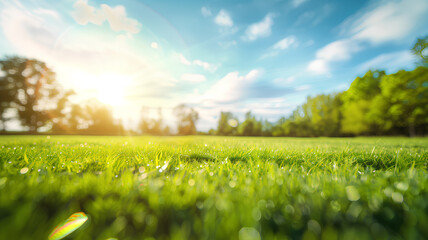 A serene park scene focusing on vibrant green grass under a sunny blue sky with fluffy clouds.
