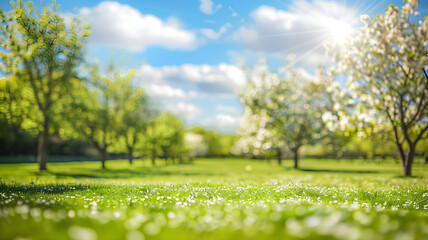 A serene park scene focusing on vibrant green grass under a sunny blue sky with fluffy clouds.
