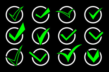Check mark icon set. Circle tick approved modern symbol. Vector illustration isolated on black background.