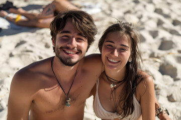 Fototapeta premium American couple are sitting on the sand on the sea beach on a sunny day