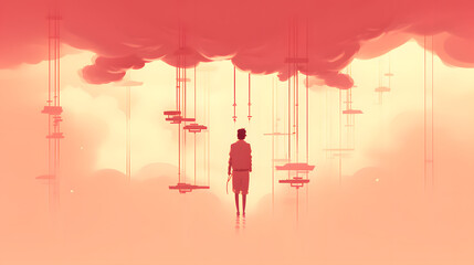 a man standing under the clouds next to many birds flying above