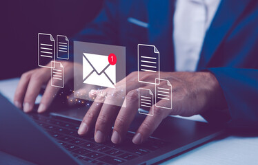 Email marketing concept, company sending many e-mails or digital newsletter to customers. Email...