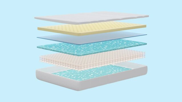 3d layered sheet material mattress with air fabric, pocket springs, natural latex, memory foam isolated on blue background. 3d render illustration, alpha channel