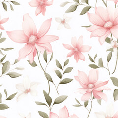 Obraz premium Romantic Floral Blossom: Seamless Textile Pattern of Elegant Pink Flowers on White Background.