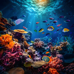 Obraz na płótnie Canvas Undersea Ecosystem: An Exquisite Display of Aquatic Life in a Vibrantly-Curated Fish Tank