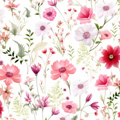 Seamless Floral Watercolor Pattern: A Vibrant Summer Meadow in Vintage Retro Style of Bright Red Poppies and Green Leaves.