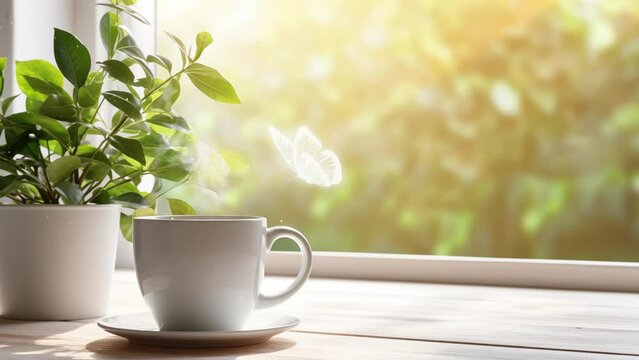 closeup white cup of coffee with small trees. coffee near a window with sunlight. seamless looping overlay 4k virtual video animation background 