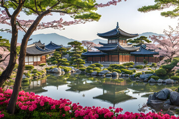 Korean traditional house with ponds and trees. Generative AI - obrazy, fototapety, plakaty