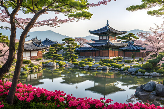 Korean traditional house with ponds and trees. Generative AI