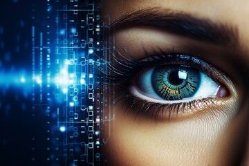 Futuristic woman eye display cyberspace concept science background