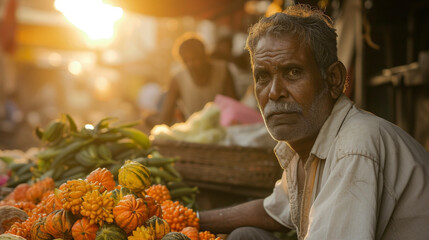 A busy vendor tending to his stall his face lit up by the suns golden rays. - obrazy, fototapety, plakaty