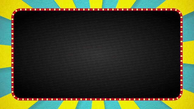 水色・黄色の放射線の背景アニメーション・赤の電飾枠・黒ベース・テキストスペース有り