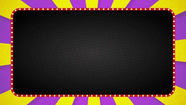 紫・黄色の放射線の背景アニメーション・赤の電飾枠・黒ベース・テキストスペース有り