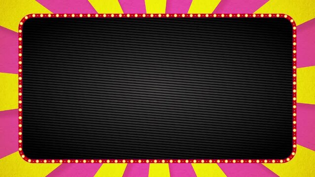 ピンク・黄色の放射線の背景アニメーション・赤の電飾枠・黒ベース・テキストスペース有り