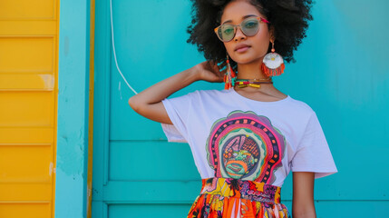 A playful and quirky look with a graphic tshirt featuring a fun slogan paired with a colorful midi skirt and statement earrings. - obrazy, fototapety, plakaty