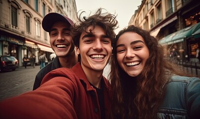 Cheerful teenage friends from different countries take selfies while walking around the city. Concept of friendship, communication, happy memories
