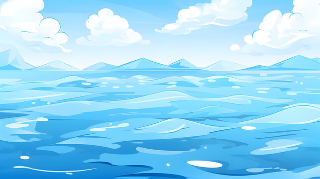 a cartoon image of a sea and mountains