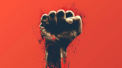 A powerful fist raised against a vivid red backdrop, a symbol of courage and revolution.