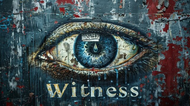 Weathered mural of an eye with 'Witness' text, urban decay and vigilance theme.