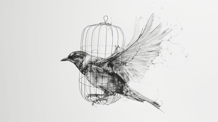 Artistic drawing of a bird with a cage, representing freedom and creativity. - obrazy, fototapety, plakaty