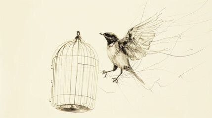  Sketch of a bird taking flight from an open cage, symbolizing freedom.
