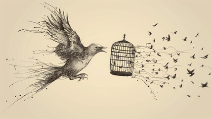 Sketch of a bird leaving a cage, flying towards freedom, with a trail of birds behind. - obrazy, fototapety, plakaty