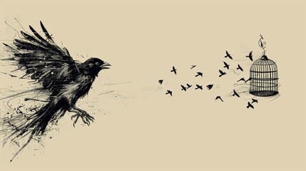 Artistic sketch of a bird transitioning from a cage to flying free, metaphor for freedom. - obrazy, fototapety, plakaty