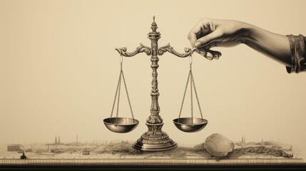 A hand adjusting the scale of justice, symbolizing balance and fairness. - obrazy, fototapety, plakaty