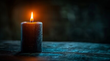 Black candle on a stone surface with a glowing flame in a dark setting. - obrazy, fototapety, plakaty