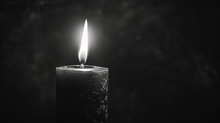 Black candle with a bright flame in darkness, representing reflection and memory. - obrazy, fototapety, plakaty