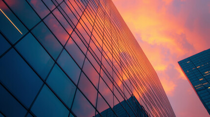 The orangepink sky reflecting off the sleek gl windows of a highrise office building. - obrazy, fototapety, plakaty