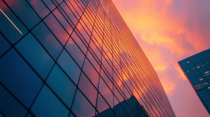 Foto op Plexiglas The orangepink sky reflecting off the sleek gl windows of a highrise office building. © Justlight