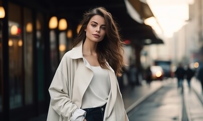 Young, flirty, happy, beautiful stylish woman walks in a coat and shirt with trousers, smiling, street style, spring-summer fashion trend
 - obrazy, fototapety, plakaty