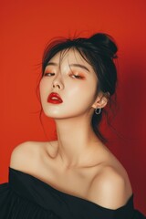 Glamour Korean Woman With Dark Hair and Red Lipstick. Generative AI