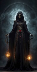 Fototapeta na wymiar Dark figure of a woman dressed in black against a an ominous background.