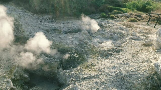 Larderello Fumaroles Enigmatic Infernal Landscape, Sasso Pisano Pomarance, Tuscany, Italy drone aerial view