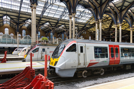 London, UK - July 28, 2023; Greater Anglia trains at London Liverpool Street train station buffers