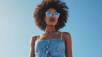 Add some vintage charm with a highwaisted sustainable denim skirt paired with a recycled polyester halter top and round sungles. - Powered by Adobe