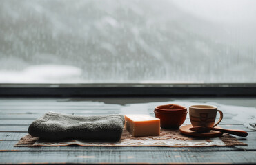 a luxury spa with a steamed window looking out over a snowy landscape - 739636929