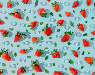 Summer fruit pattern made with fresh strawberries , ice cubes and green leaves on vibrant blue background. Creative fruit texture concept. Minimal top down fruit concept.